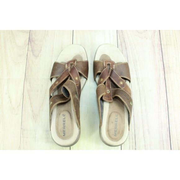 Merrell Luxe Mink Brown Strappy Leather Slip-on Wedge Slide Comfort Sandals Sz 8 - Picture 7 of 9